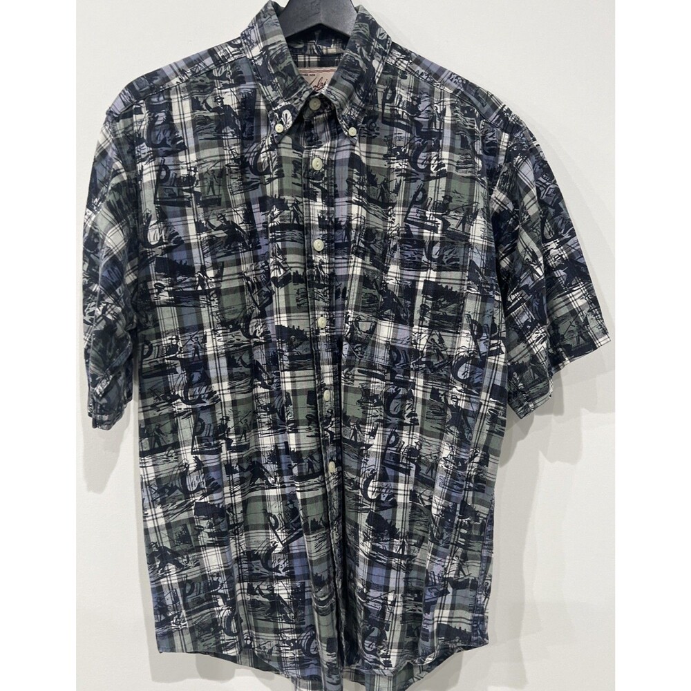 Vintage Woolrich Fish Print  Plaid Shirt Men's M Short Sleeve